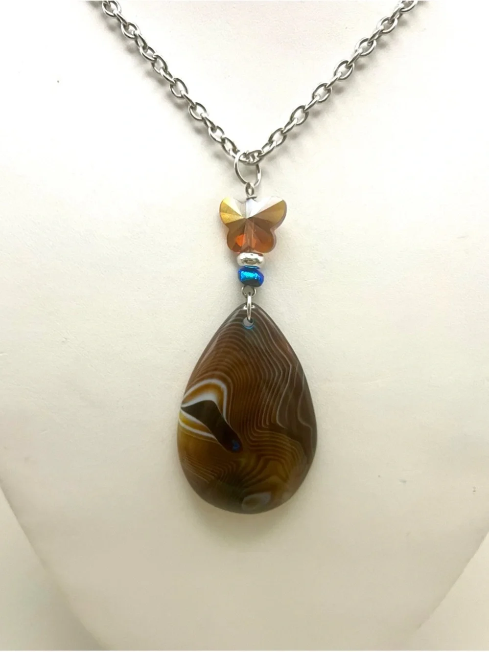 Natural Banded Agate Teardrop Statement Necklace - Earthy